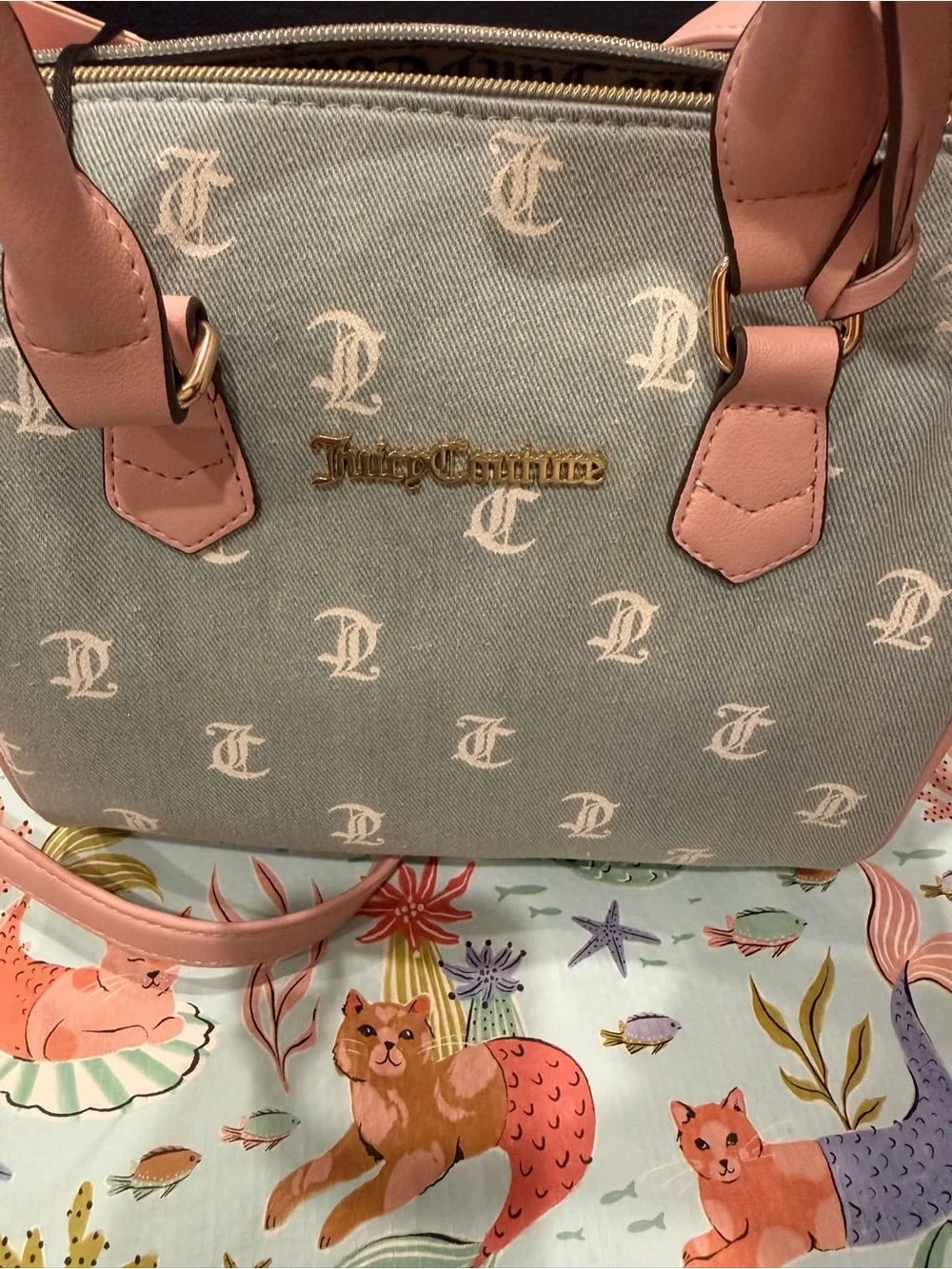 Juicy Couture Denim Purse w Long Strap & White Gothic Lettering w Pink Details